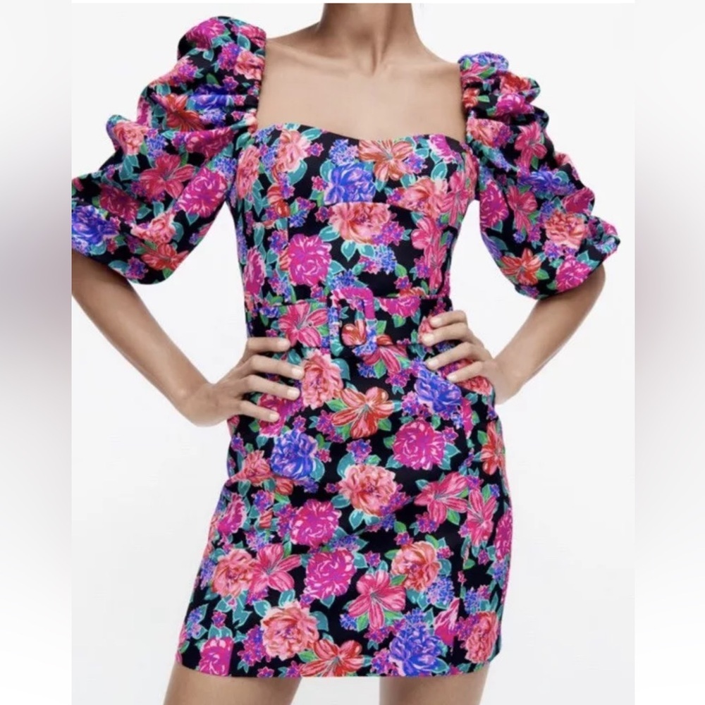 NWT Zara Floral Belted Pink Purple Puff Sleeve Mini Dress Zinnia Cottagecore XS. - Picture 11 of 16